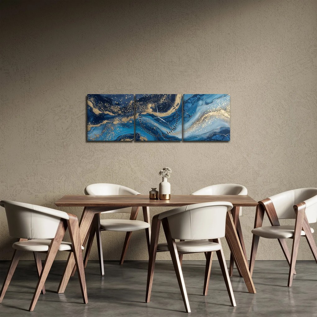 Obraz - Modrozlatý abstraktný mramor (s hodinami) (90x30 cm)