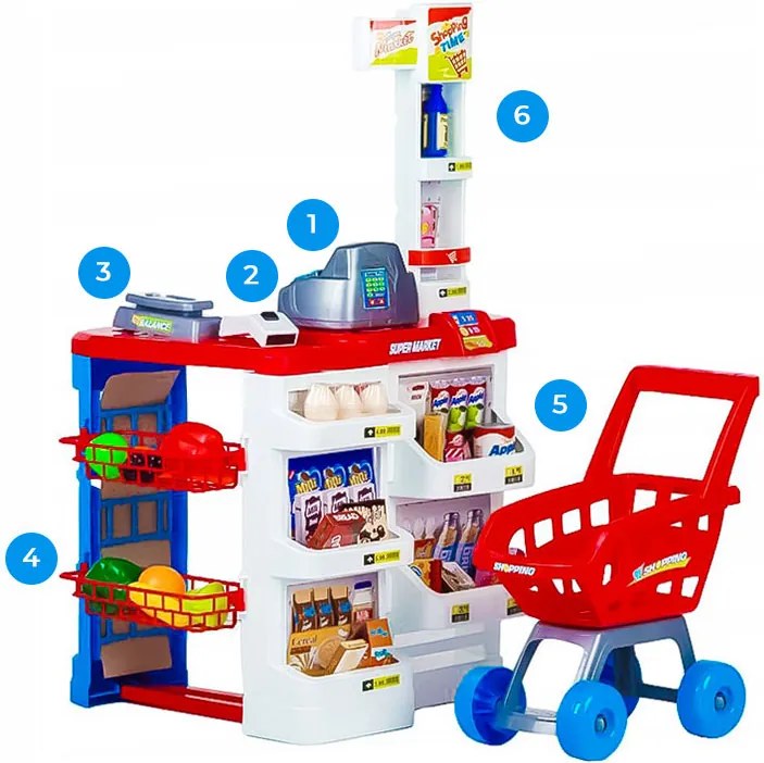 MULTISTORE Detský supermarket - hračka s pokladňou, skenerom, váhou a vozíkom (47 dielov)