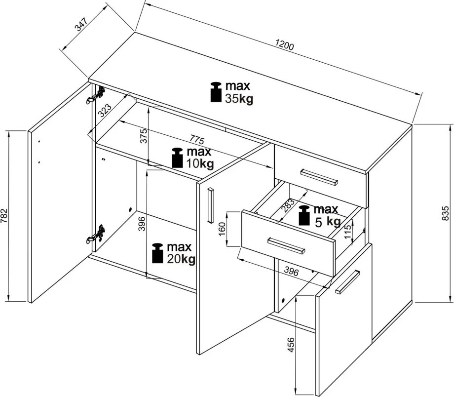 Komoda s 2 zásuvkami Bacalar, dub viking/sivá