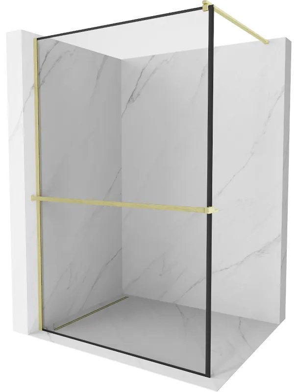 Mexen Kioto+, sprchová zástena Walk-In s poličkou a vešiakom 120 x 200 cm, 8mm číre sklo čierny vzor, zlatý matný profil, 800-120-121-55-70