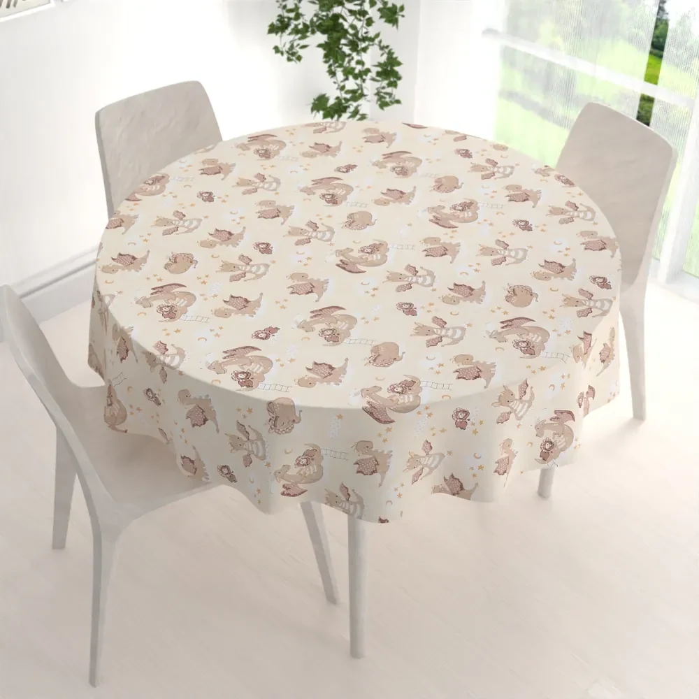 Biante Detský bavlnený okrúhly obrus Sandra SA-467 Dráčikovia na žltobéžovom Ø 90 cm
