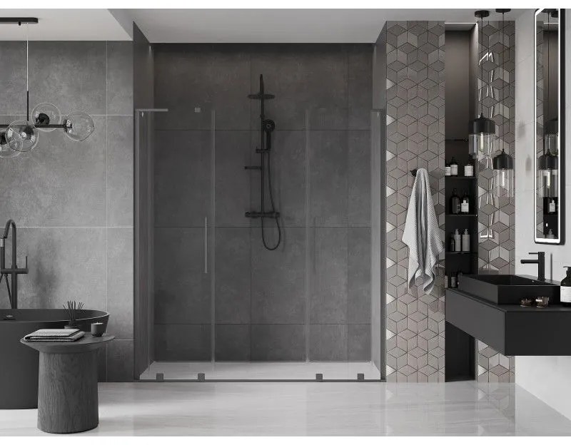 Mexen Velar L Duo, posuvné sprchové dvere do otvoru 170 cm, 8mm číre sklo, brúsený grafit, 871-170-003-02-95