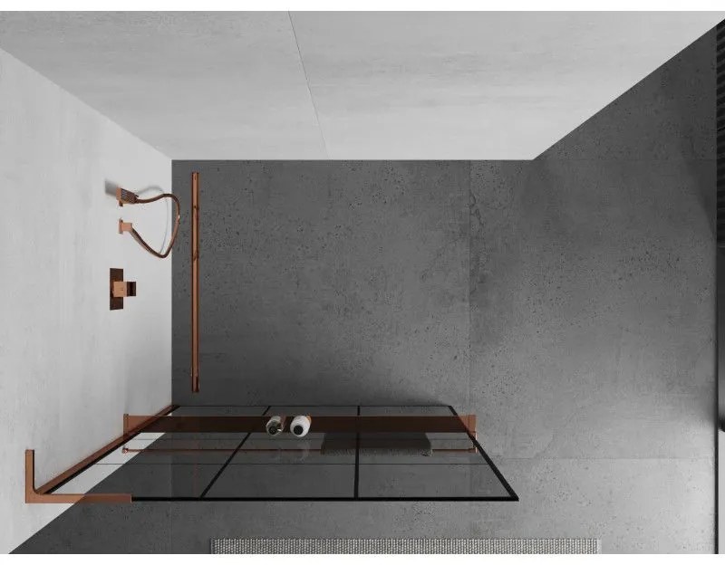 Mexen Kioto+ L, sprchová zástena Walk-In s poličkou a vešiakom 100 x 200 cm, 8mm číre sklo čierny vzor, ružové zlato profil, 800-100-123-60-77