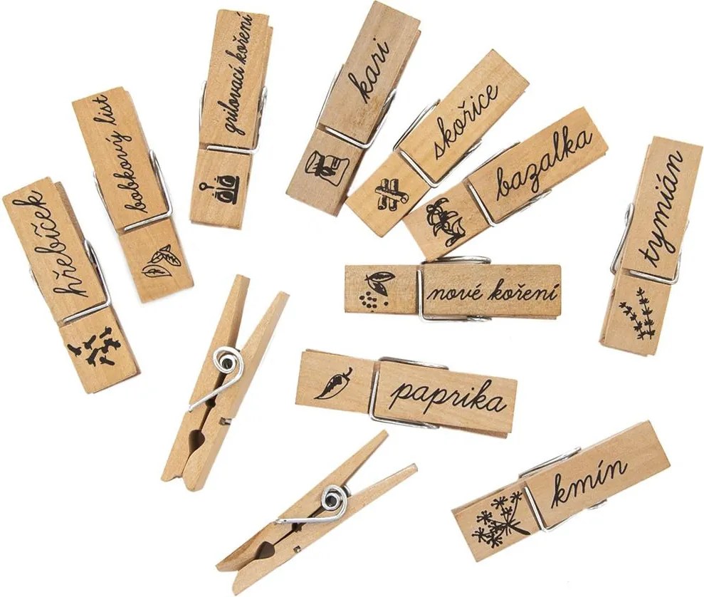 Štipce drevené 7 cm na korenie s popisom, sada 12 ks (názvy v češtine)