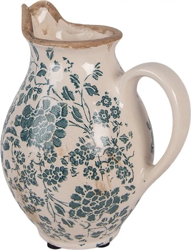 Retro béžový keramický dekoračný džbán s kvetmi S - 16*12*19 cm