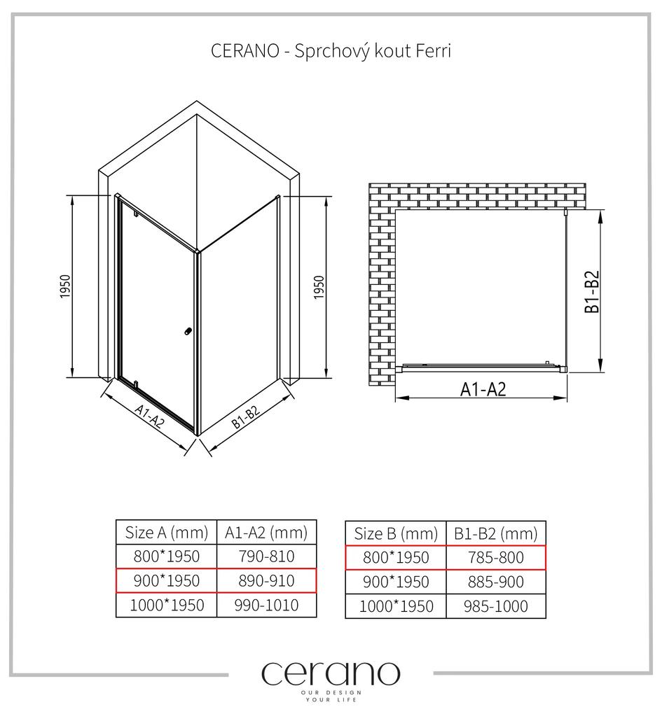 Cerano Ferri, krídlový sprchovací kút 90(dvere) x 80(stena) x 195 cm, 6mm číre sklo, čierny profil, CER-CER-427480