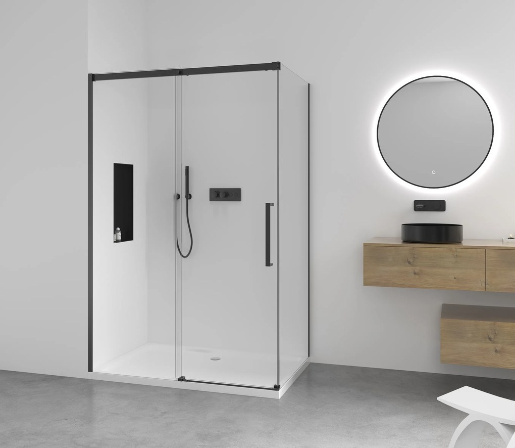 Cerano Lantono, sprchovací kút s posuvnými dverami 170(dvere) x 90(stena) x 195 cm, 8mm číre sklo, čierny profil, CER-CER-433232