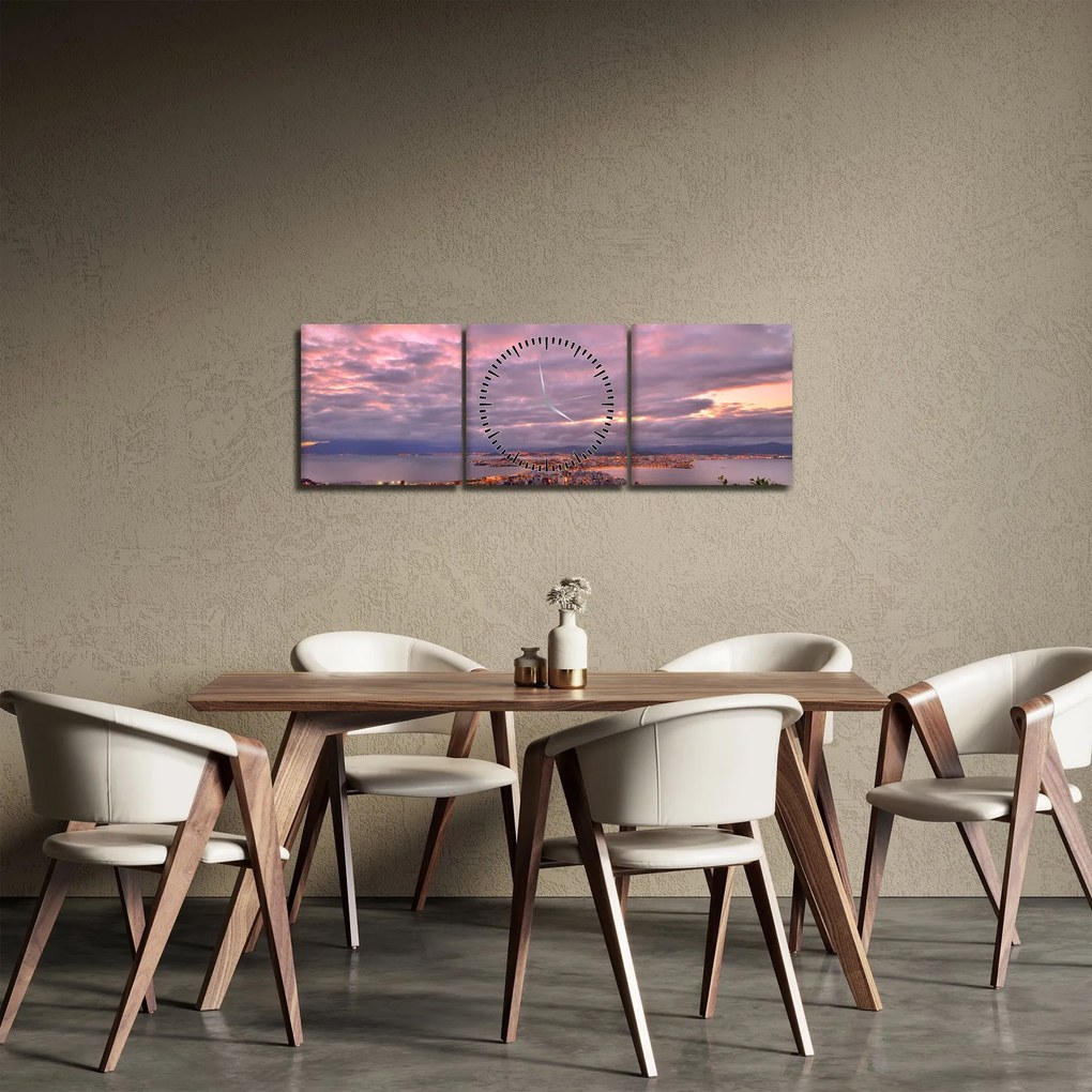 Obraz - Súmrak nad mestom (s hodinami) (90x30 cm)