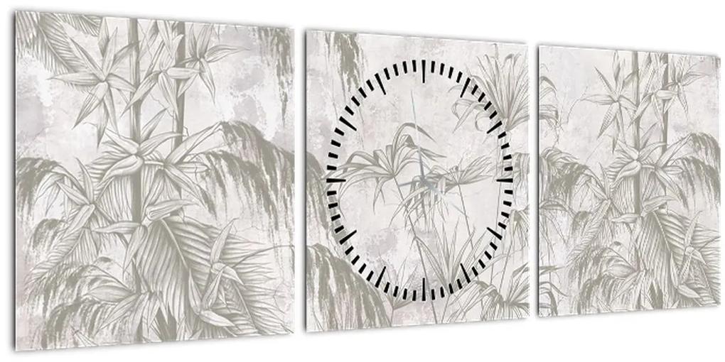 Obraz - Tropické rastliny na stene v šedej (s hodinami) (90x30 cm)