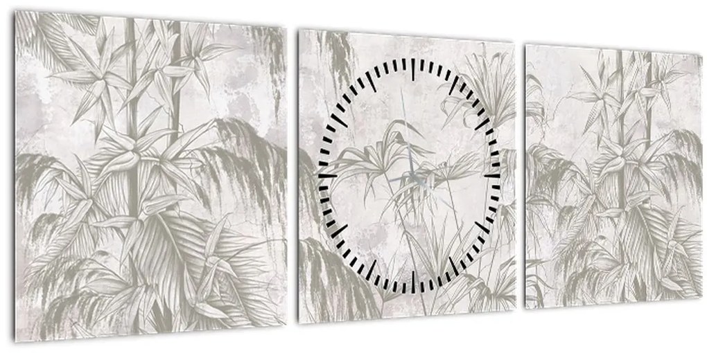 Obraz - Tropické rastliny na stene v šedej (s hodinami) (90x30 cm)