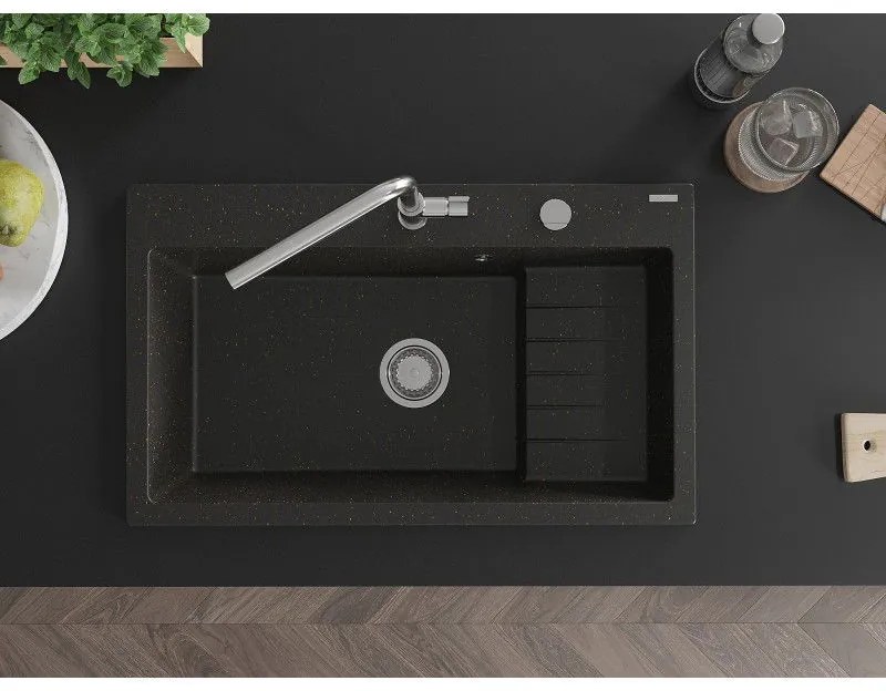 Mexen Omar, 1-komorový granitový drez 800x480x210 mm, čierna-zlatá metalíza, chrómový sifón, 6520801005-75