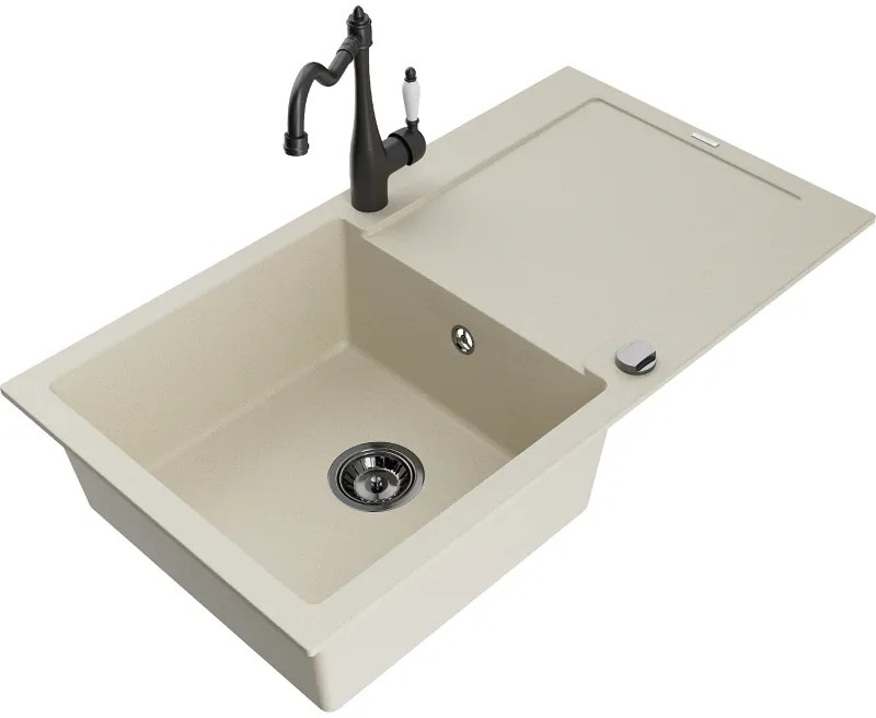 Mexen Leo, granitový drez 900x500x190 mm, 1-komorový a drezová batéria Carla, béžová, 6501-69-670700-70
