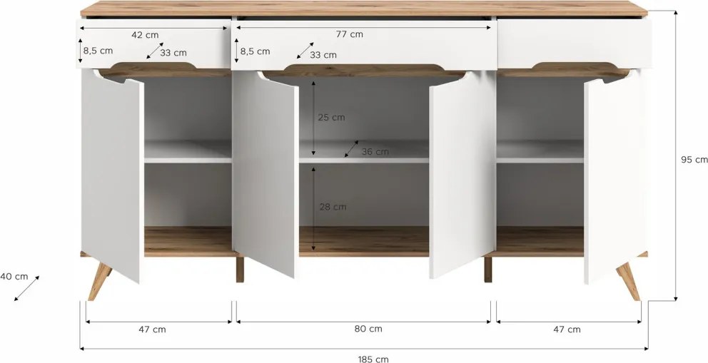 Široká komoda Scandi, biela/dub nox