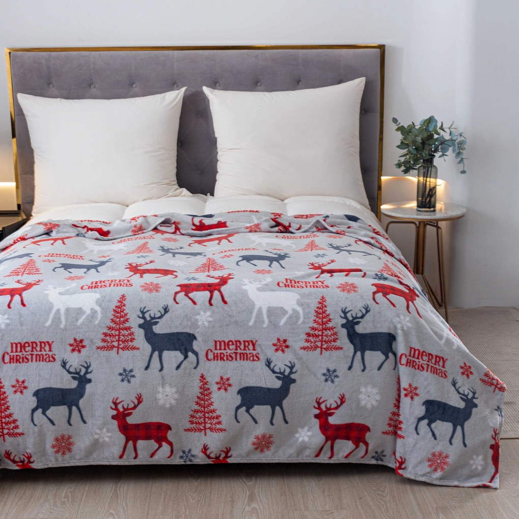 Vianočná mikroplyšová deka MERRY CHRISTMAS DEER sivá Rozmer: 200 x 220 cm
