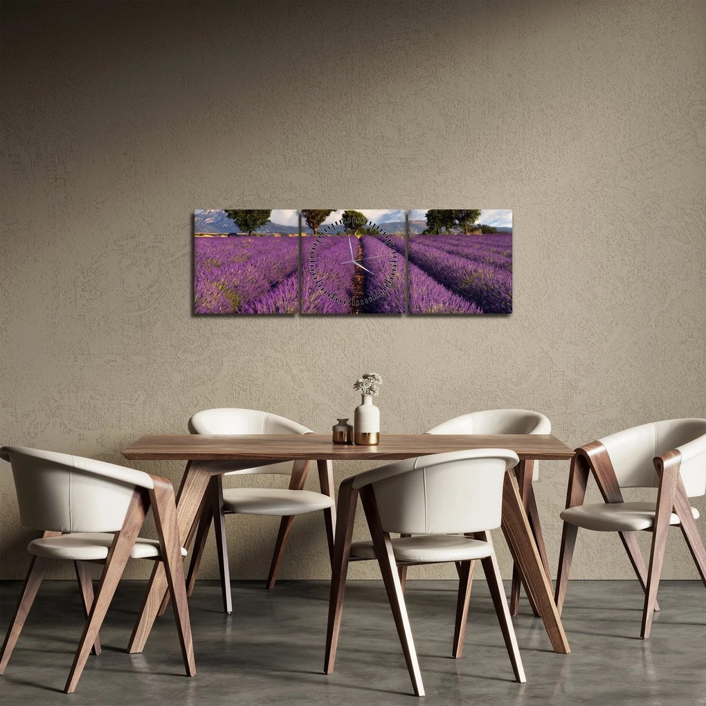 Obraz - Levanduľové pole a hory (s hodinami) (90x30 cm)