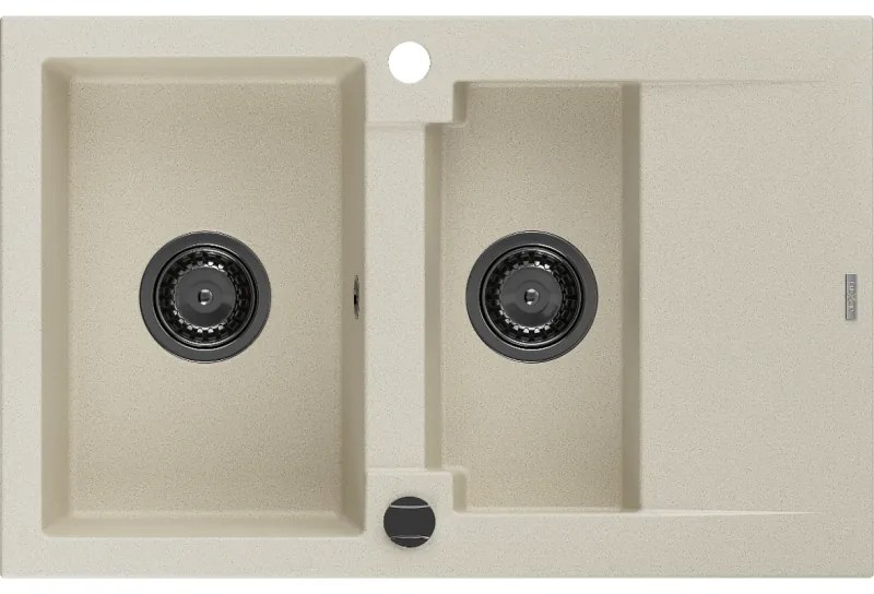 Mexen Gaspar, granitový drez 737x475x177 mm, 1,5-komorový, béžová s čiernym sifónom, 6507731505-69-B