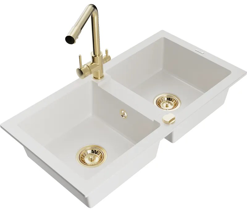 Mexen Mario, 2-komorový granitový drez 820x436x161 mm a zlatá lesklá drezová batéria Duero, biela, 6504-20-671600-50