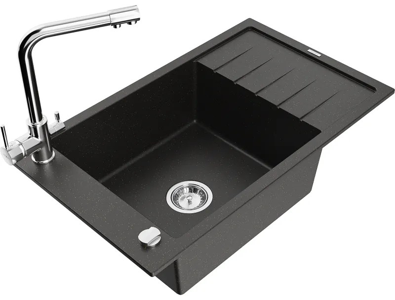 Mexen Elias, 1-komorový granitový drez s odkvapkávačom 795x480x200 mm a chrómová batéria Duero, čierna - zlatá metalíza, 6511-75-671600-00