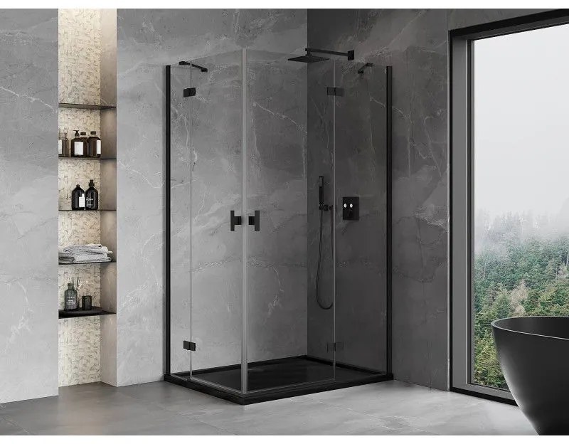 Mexen Mist-H Duo, 2-krídlový výklopný sprchový kút 75 x 90 cm, číre sklo, čierny profil, 8A5-075L-090P-70-00