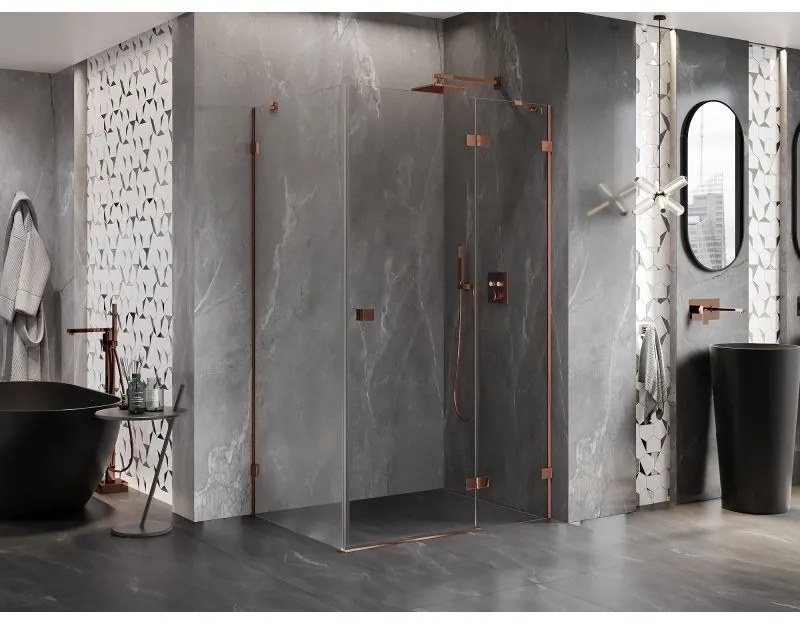 Mexen Lunar, pravostranný výklopný sprchový kút 70 x 90 cm, 8mm číre sklo, ružové zlato profil, 834-070-090-60-00-P