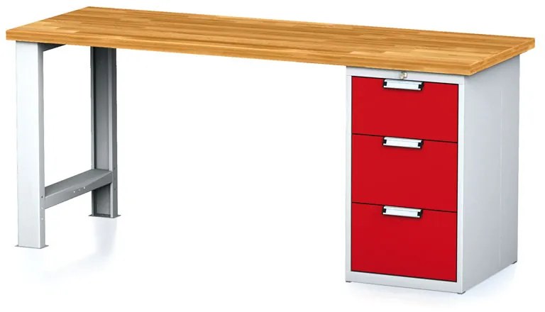 Dielenský pracovný stôl MECHANIC I, pevná noha + dielenský box na náradie, 3 zásuvky, 2000 x 685 x 880 mm, červené dvere