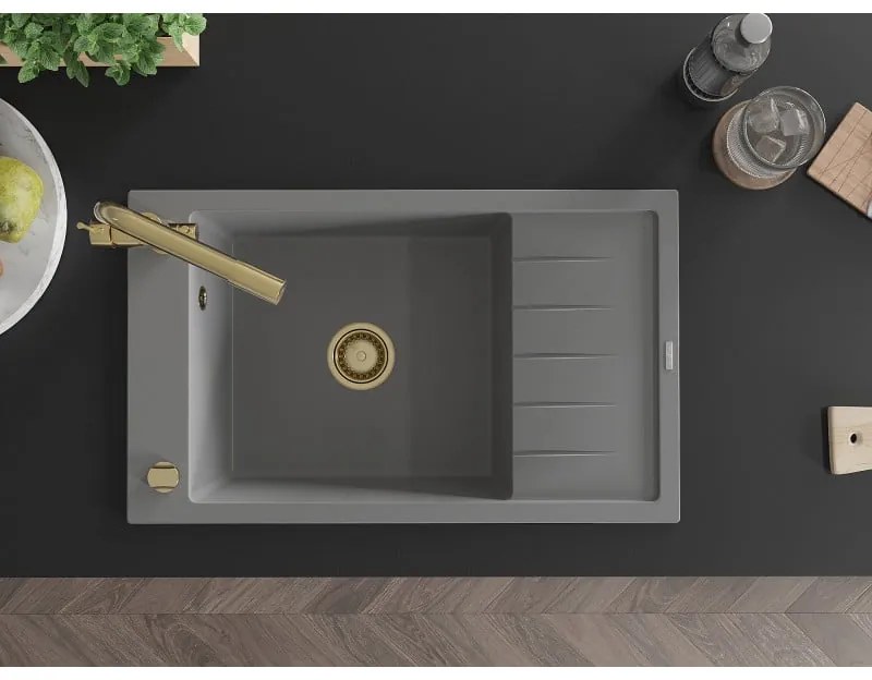 Mexen Elias, 1-komorový granitový drez s odkvapkávačom 795x480x200 mm a zlatá batéria Duero, šedá, 6511-71-671600-50