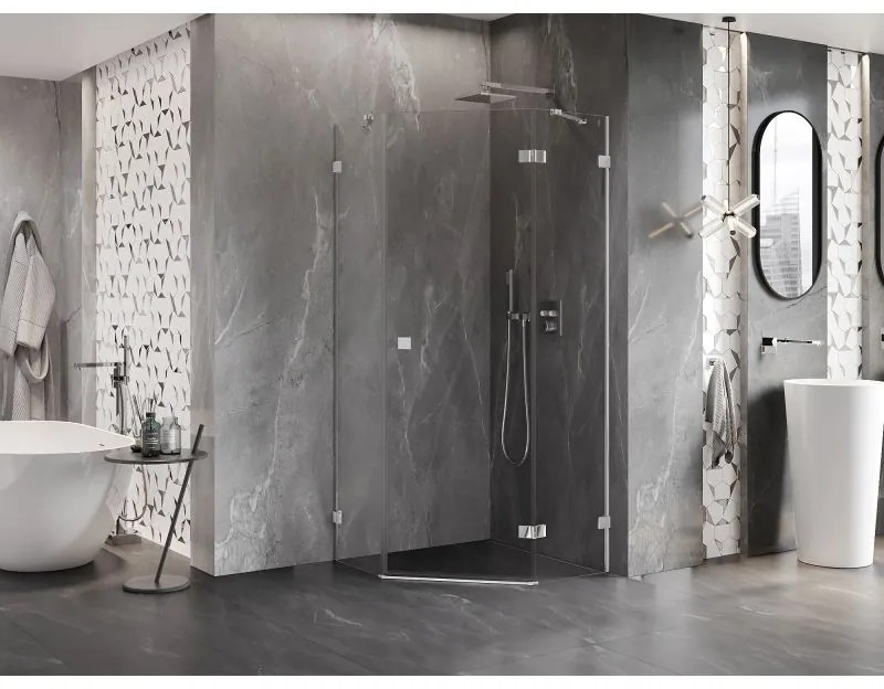 Mexen Lunar, výklopný päťuholníkový sprchový kút pravý 90 x 90 cm, 8mm číre sklo, chrómový profil, 831-090P-090L-01-00-P