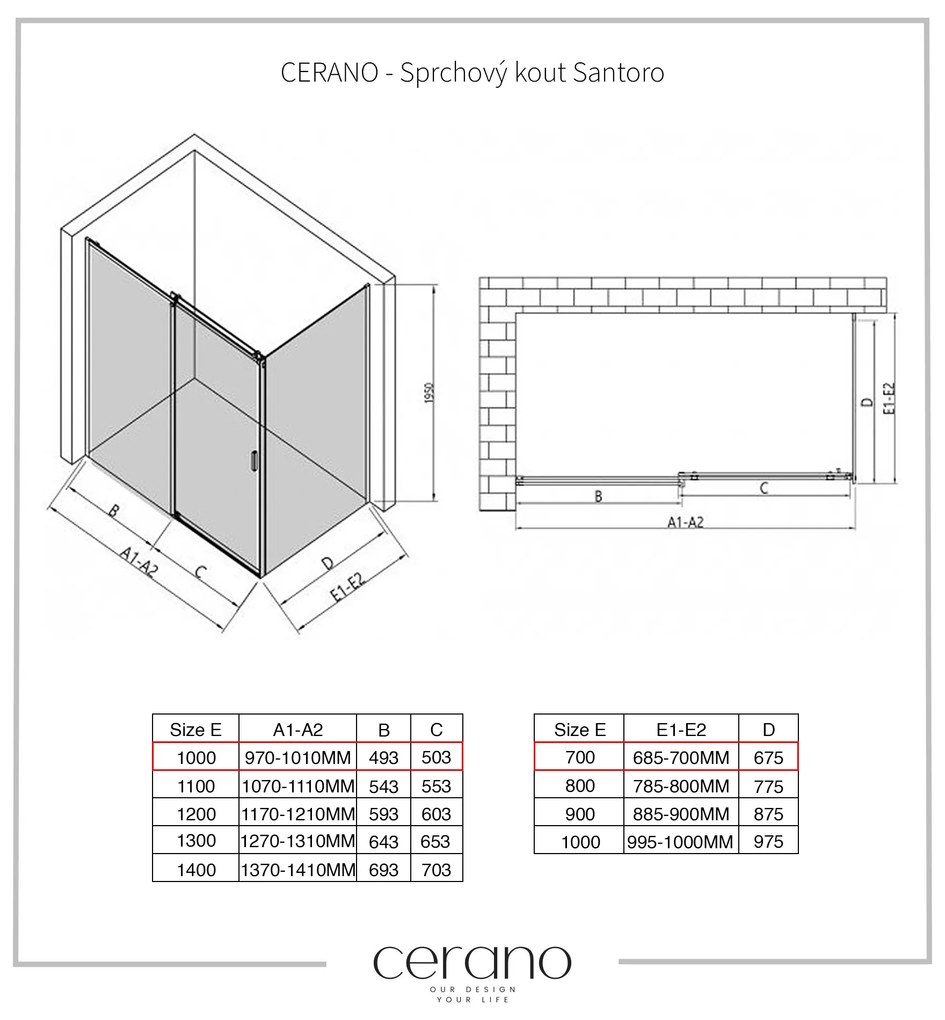 Cerano Santoro, sprchovací kút s posuvnými dverami 100(dvere) x 70(stena) x 195 cm, 6mm šedé sklo, čierny profil, CER-CER-425104