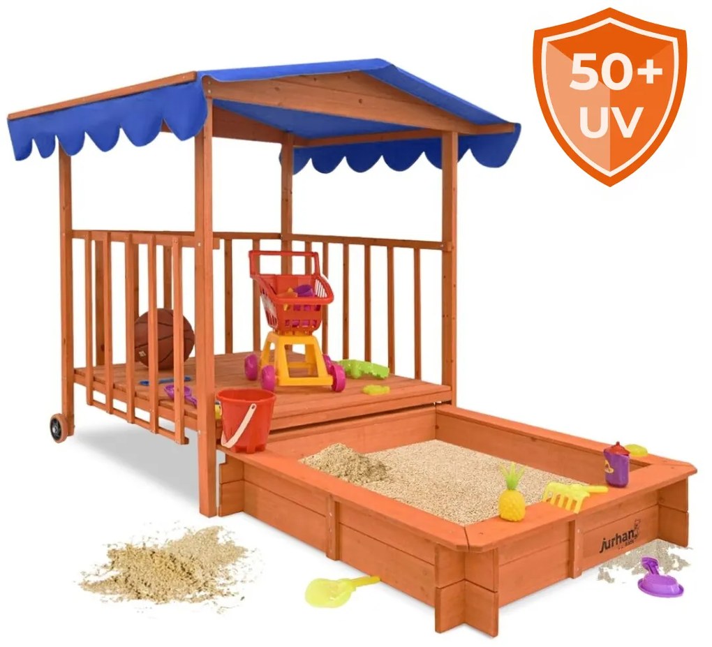 Pieskovisko s verandou HAPPY, 130x130x143 cm, hnedá/modrá Jurhan
