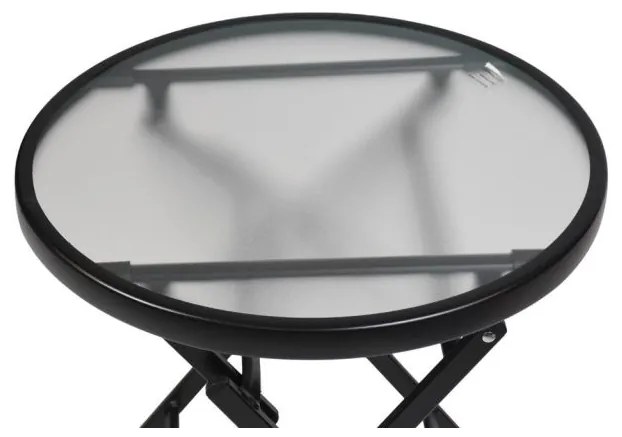 Skladací stôl so sklenenou doskou, čierny, Ø 45 cm, oceľ