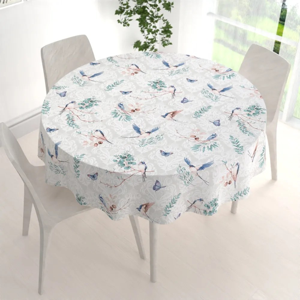 Biante Bavlnený okrúhly obrus Sandra SA-471 Lastovičky s motýlikmi na svetlo sivom ornamente Ø 90 cm