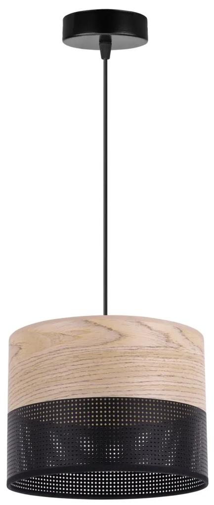 Light Home Závesné svietidlo Wood, 1x béžová dubová dýha/čierne PVCové tienidlo, (fi 20cm)