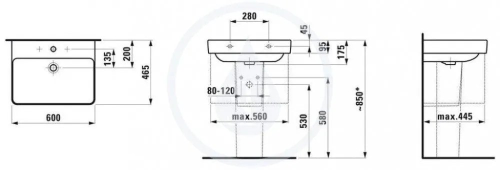 LAUFEN Pro S Umývadlo, 600 mm x 465 mm, 1 otvor na batériu, bez prepadu, biela H8109630001561