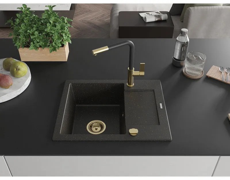 Mexen Enzo, 1-komorový granitový drez 576x465x174 mm a drezová batéria Flora, čierna-zlatá metalíza, 6506-75-670401-57-G