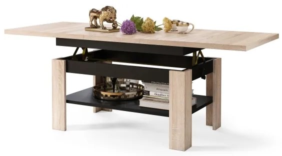 Rozkladací konferenčný/jedálenský stôl s výklopno-zdvíhacou doskou ROY dub sonoma/čierna