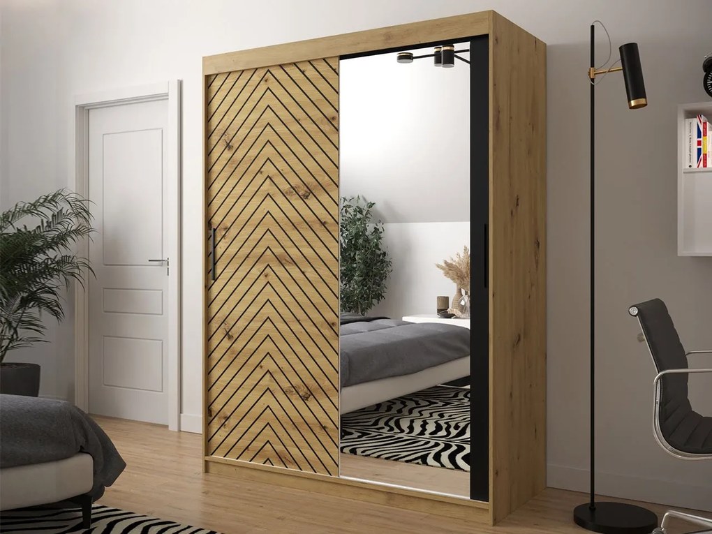 Posuvná skriňa so zrkadlom Ratintu 2 150 cm, zásuvka: nie, Farby: čierna / dub artisan + čierna