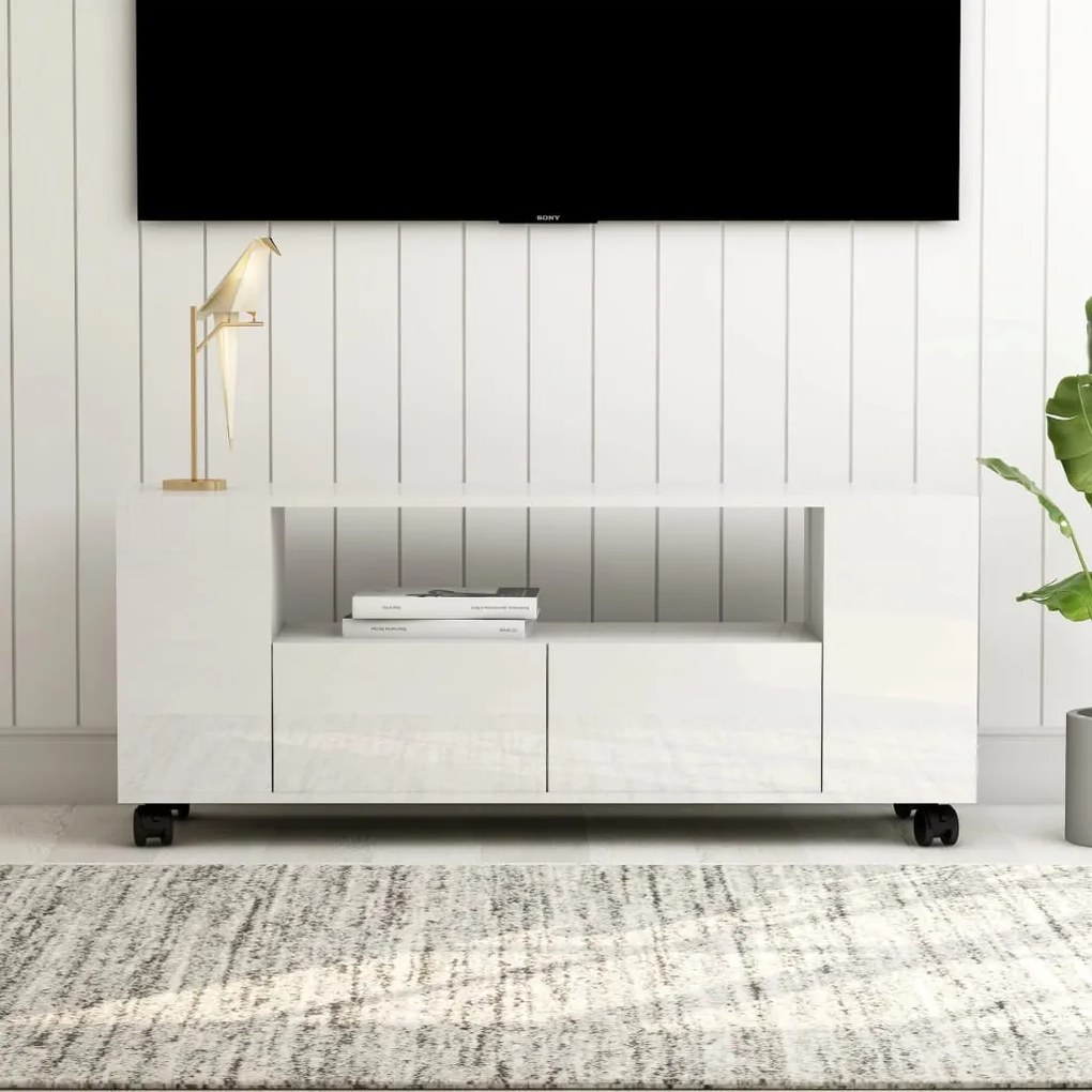 vidaXL TV skrinka lesklá biela 120x35x43 cm drevotrieska