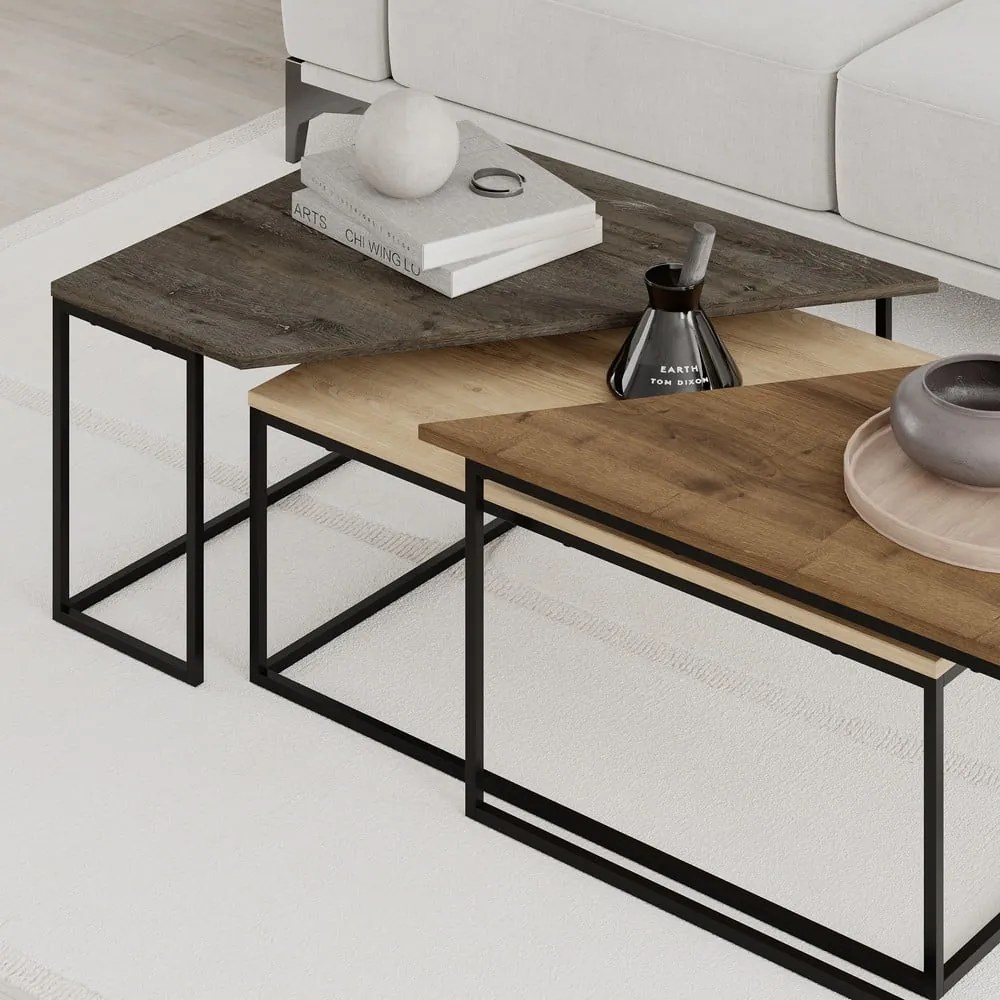 Konferenčné stolíky v súprave 3 ks s doskou v dekore orechového dreva v prírodnej farbe 70x110 cm Titan – Marckeric