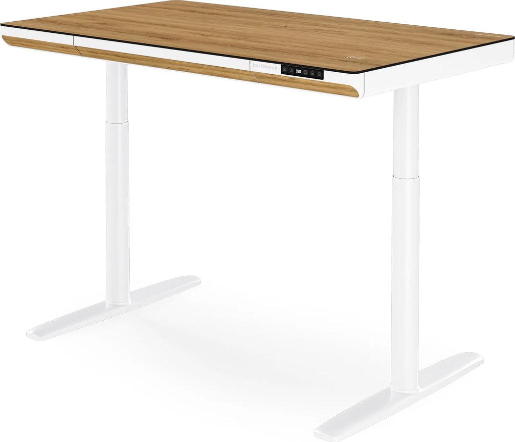 Elektrický písací stôl sit-stand so zásuvkou a bezdrôtovou nabíjačkou Qi biely/zlatý dub, 1200 mm: ELLIS