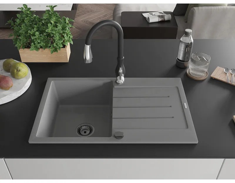 Mexen Bruno, 1-komorový granitový drez 795x495x200 mm a drezová batéria Savita, šedá, 6513-71-672601-70-B