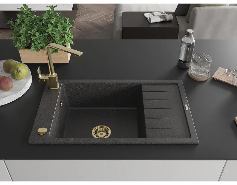 Mexen Elias, granitový drez granitový 795x480x200 mm, 1-komorový, čierna škvrnitá so zlatým sifónom a zlatá drezová batéria Rita, 6511-76-670300-50