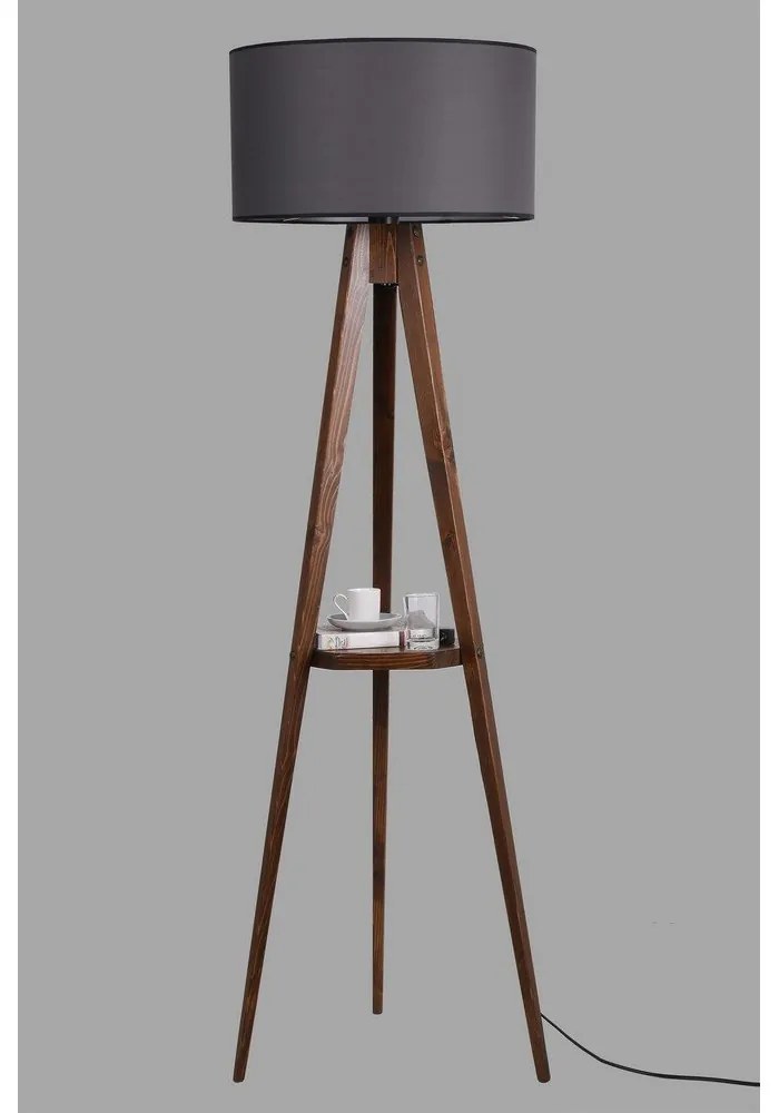 Čierna/hnedá stojacia lampa s poličkou s textilným tienidlom (výška 154 cm) Sehbali Tripod – Opviq lights