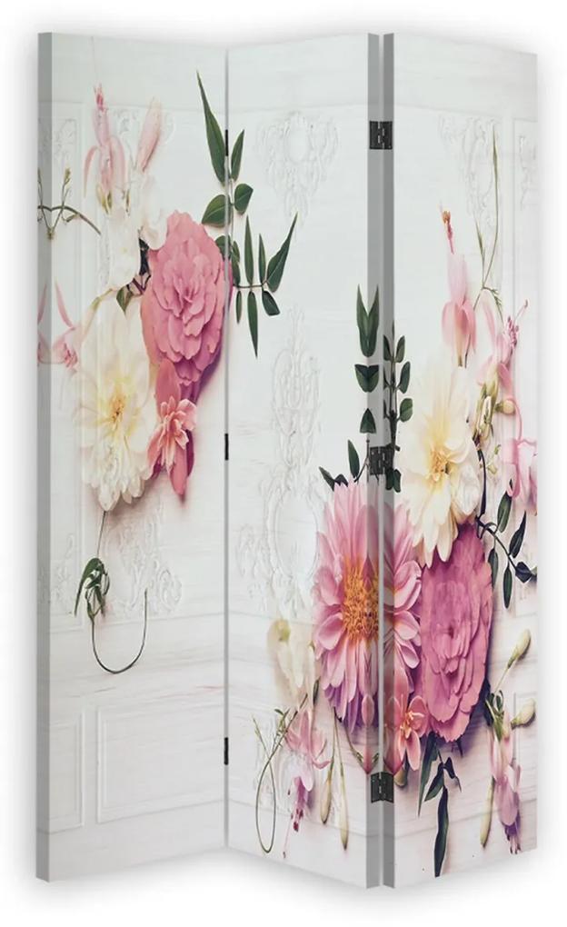 Ozdobný paraván Růžové vintage květiny - 110x170 cm, trojdielny, klasický paraván