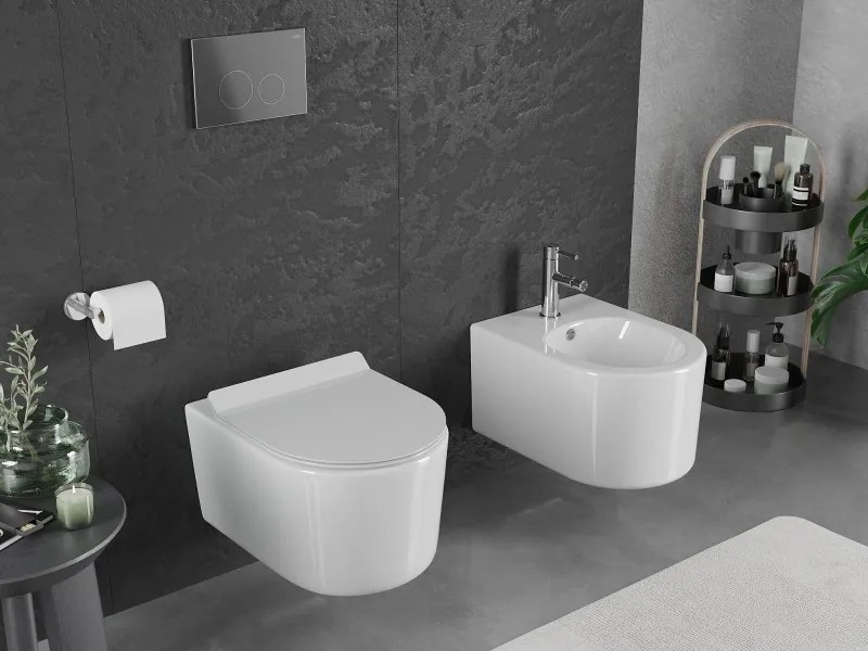 Mexen Sofia, závesná WC misa 490x360x355 mm, Rimless Tornádo + WC sedadlo z duroplastu, biela lesklá, 30540100T