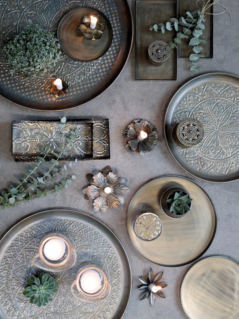 Mosadzný antik kovový podnos s patinou Flowier - Ø 41*4cm