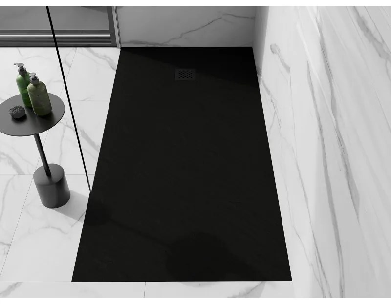 Mexen Stone+, obdĺžniková vanička z minerálneho kompozitu 160 x 90 cm, čierna, čierna krytka, 44709016-B