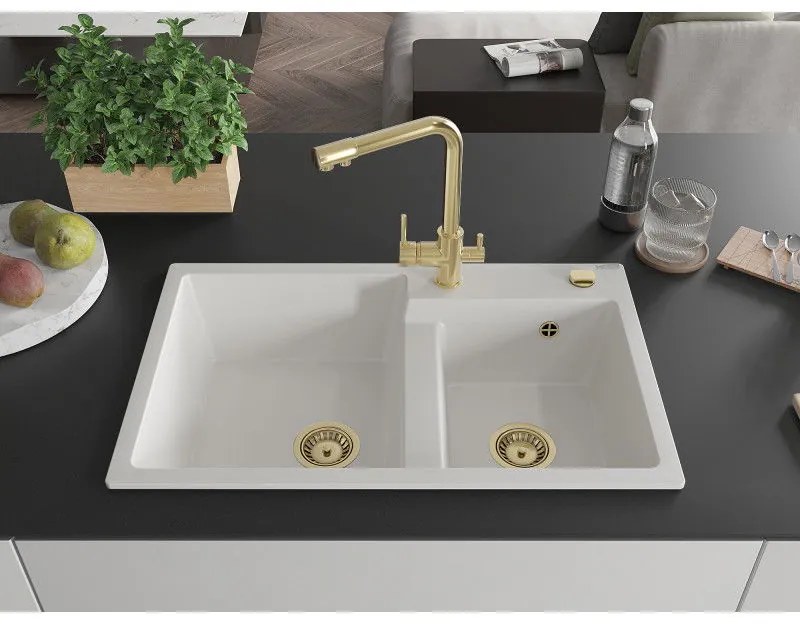 Mexen Tomas, granitový drez 800x500x190 mm, 2-komorový a biela batéria Duero, biela, 6516-20-671600-50