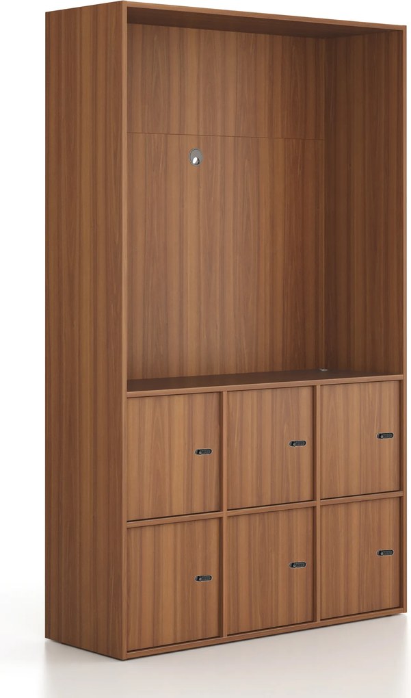 Kancelárska skriňa FRAME, 6x dvere, priestor pre TV, 1299 x 450 x 2162 mm, mechanický kódový zámok, orech
