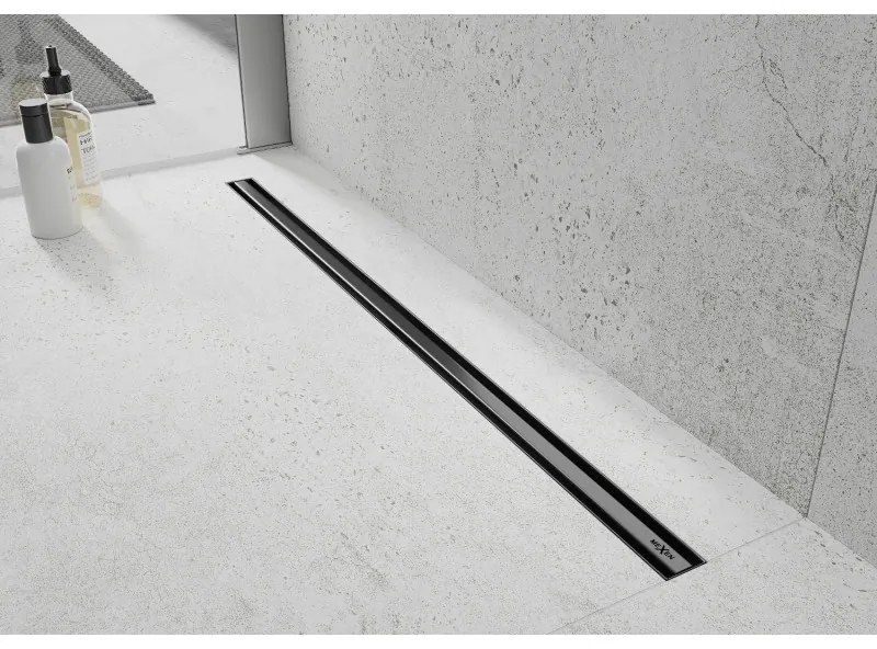 MEXEN Flat nerezový sprchový žľab s rotačným 360° sifónom 180 cm, vzor SLIM, čierna matná, 1741180
