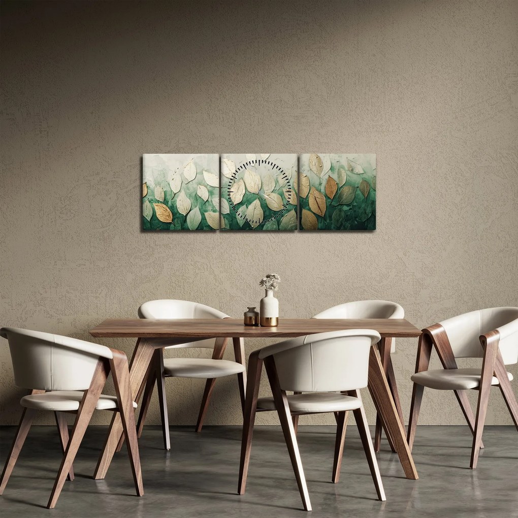 Obraz - Zlato-zelené listy (s hodinami) (90x30 cm)